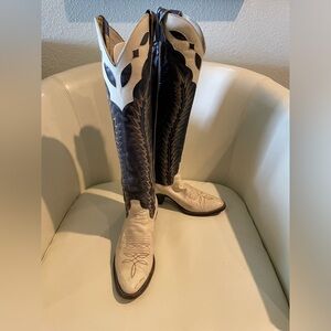 NFS Vintage Larry Mahan Western Boots 7B Black Ivory Blue Bronze Ivory Stitching